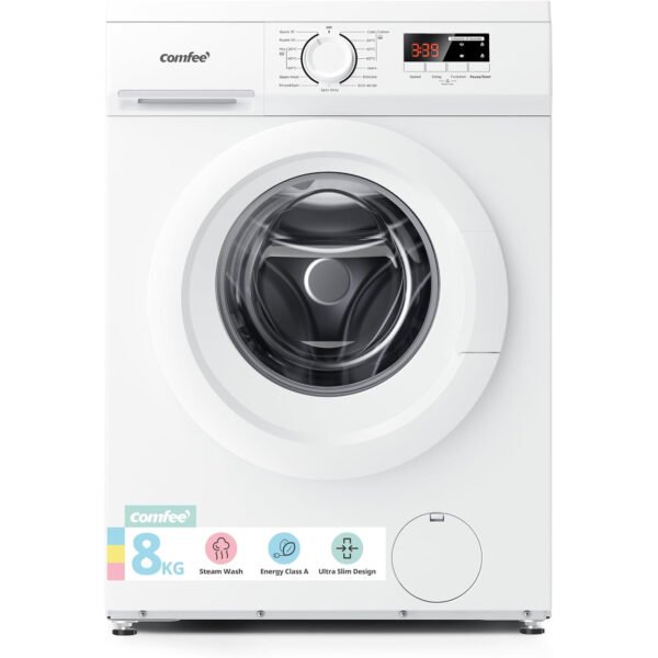 Comfee CFE12EW80/W-UK 8kg 1400rpm Slim 48cm Freestanding Washing Machine, Steam Wash, Inverter Motor, White