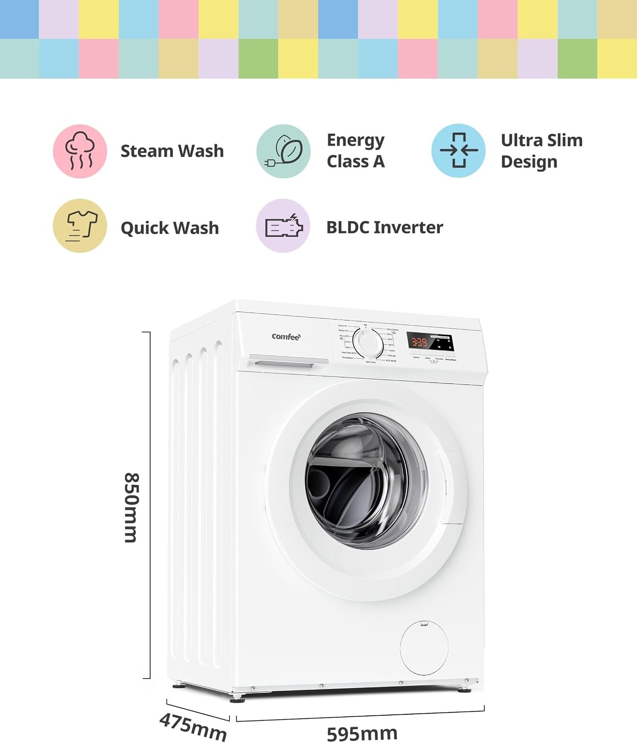 Comfee CFE12EW80/W-UK 8kg 1400rpm Slim 48cm Freestanding Washing Machine, Steam Wash, Inverter Motor, White