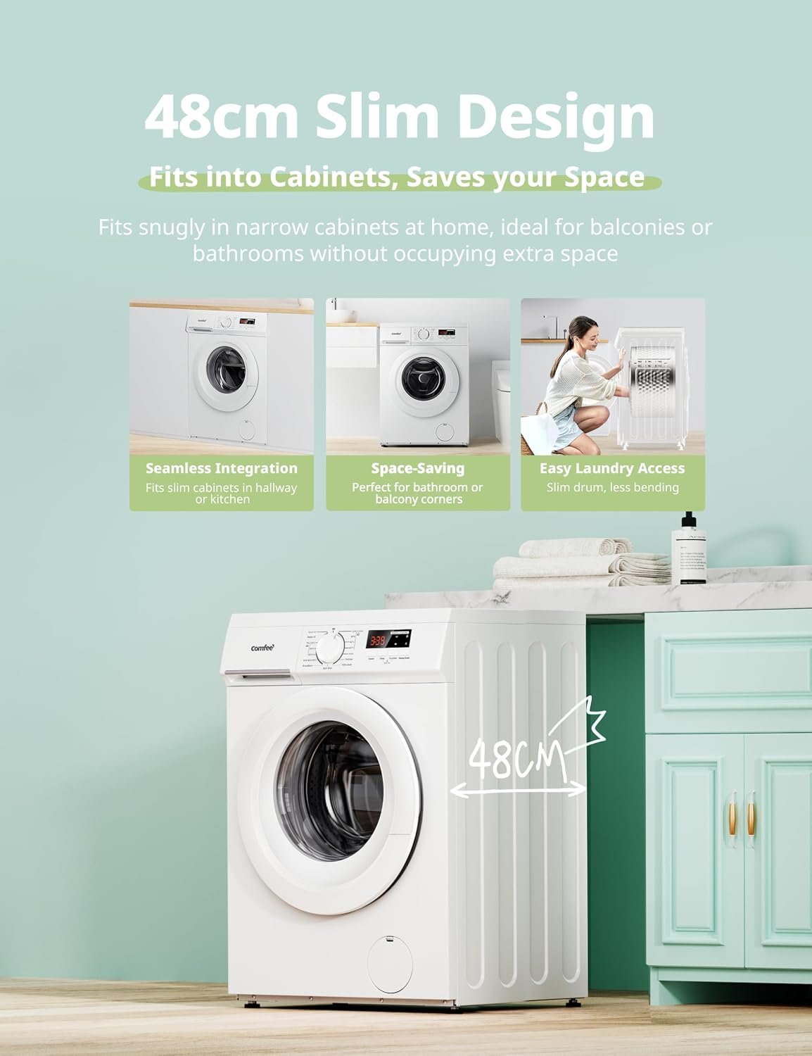 Comfee CFE12EW80/W-UK 8kg 1400rpm Slim 48cm Freestanding Washing Machine, Steam Wash, Inverter Motor, White